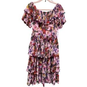 Aqua x Mary Katrantzou Floral Tiered Pleated Midi Dress Pink Multi IDF76859 M